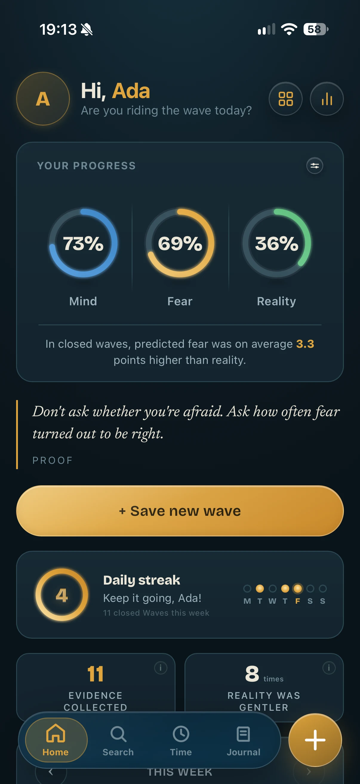 FALA home screen with progress summary
